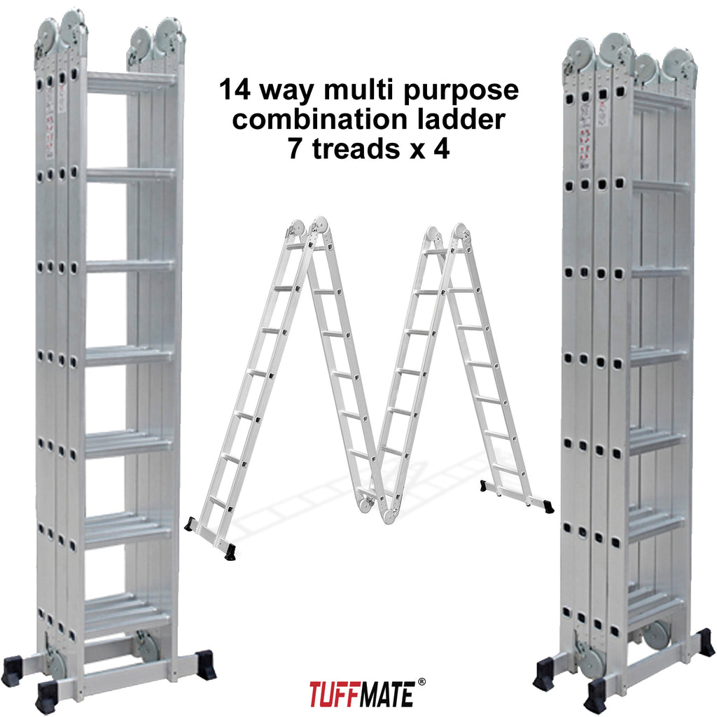 Multi Purpose Combination Ladder 4 x 2m - 8m Max Height 14-in-1 Multi Position Aluminium Folding Scaffold TUFFMATE