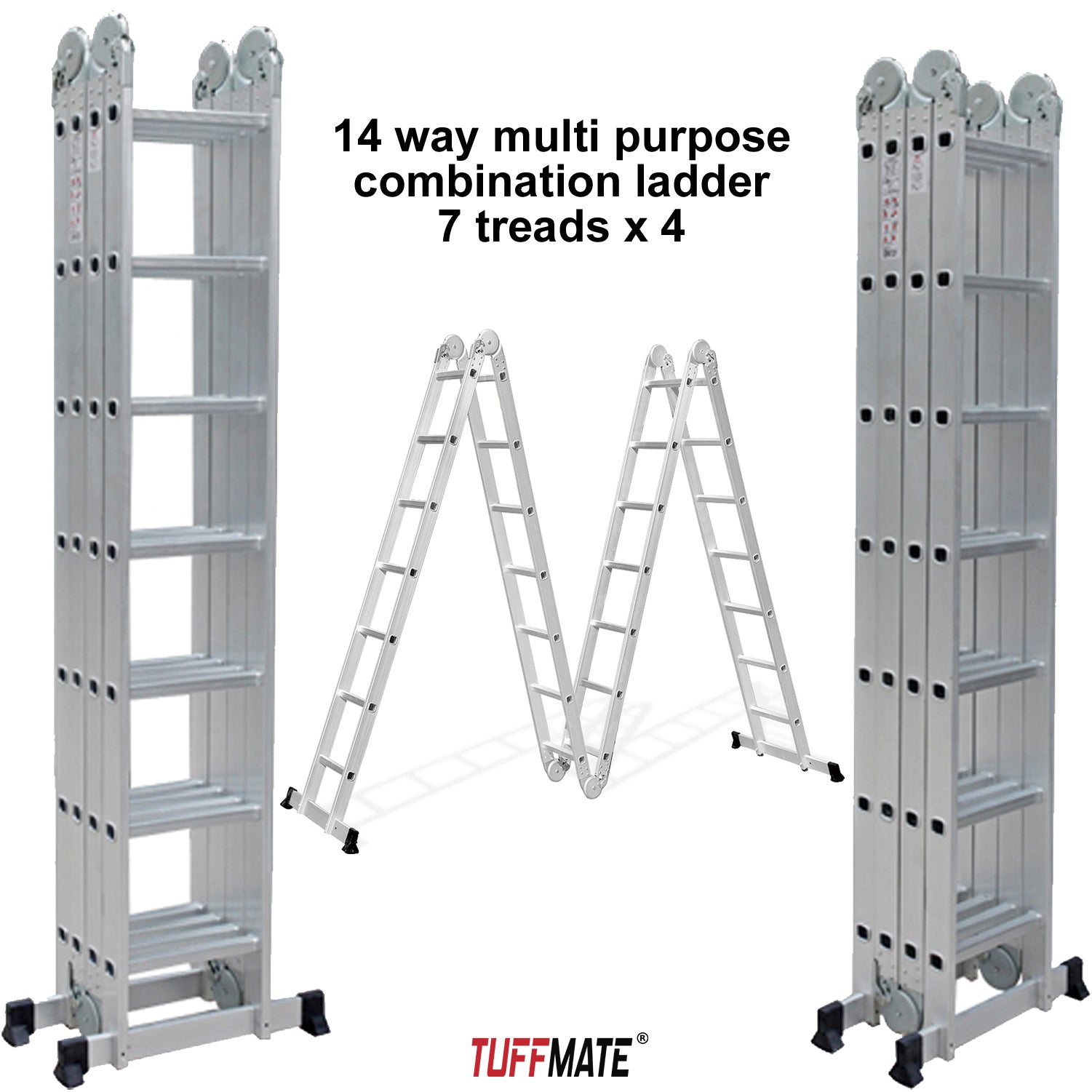 Multi Purpose Combination Ladder 4 x 2m - 8m Max Height 14-in-1 Multi Position Aluminium Folding Scaffold TUFFMATE