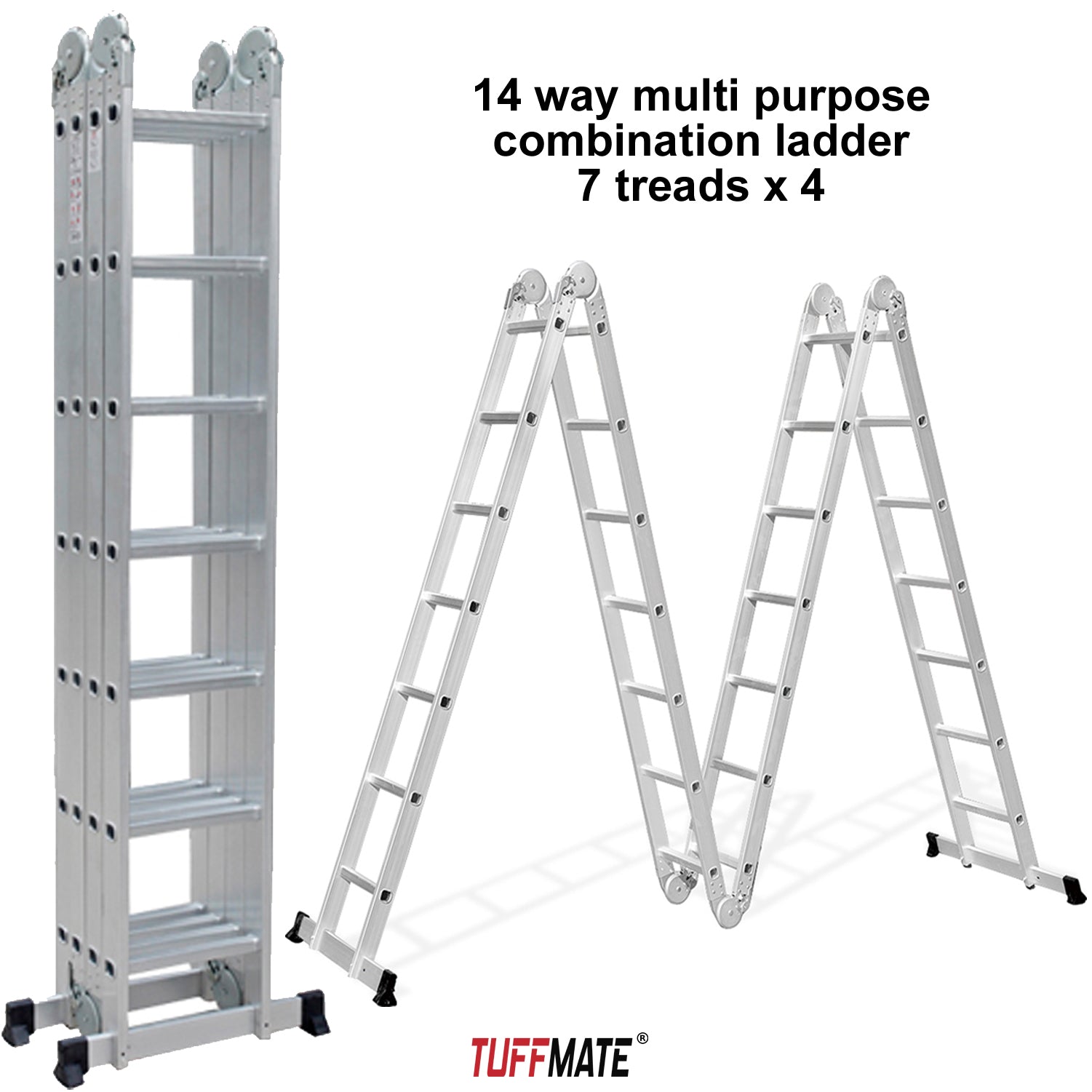 Multi Purpose Combination Ladder 4 x 2m - 8m Max Height 14-in-1 Multi Position Aluminium Folding Scaffold TUFFMATE