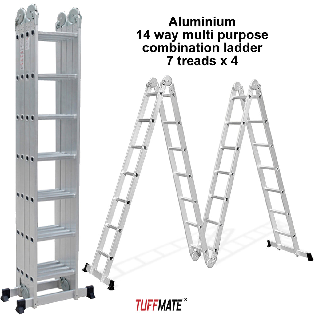 Multi Purpose Combination Ladder 4 x 2m - 8m Max Height 14-in-1 Multi Position Aluminium Folding Scaffold TUFFMATE