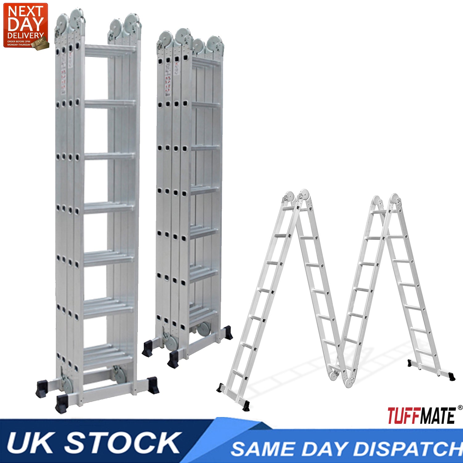 Multi Purpose Combination Ladder 4 x 2m - 8m Max Height 14-in-1 Multi Position Aluminium Folding Scaffold TUFFMATE