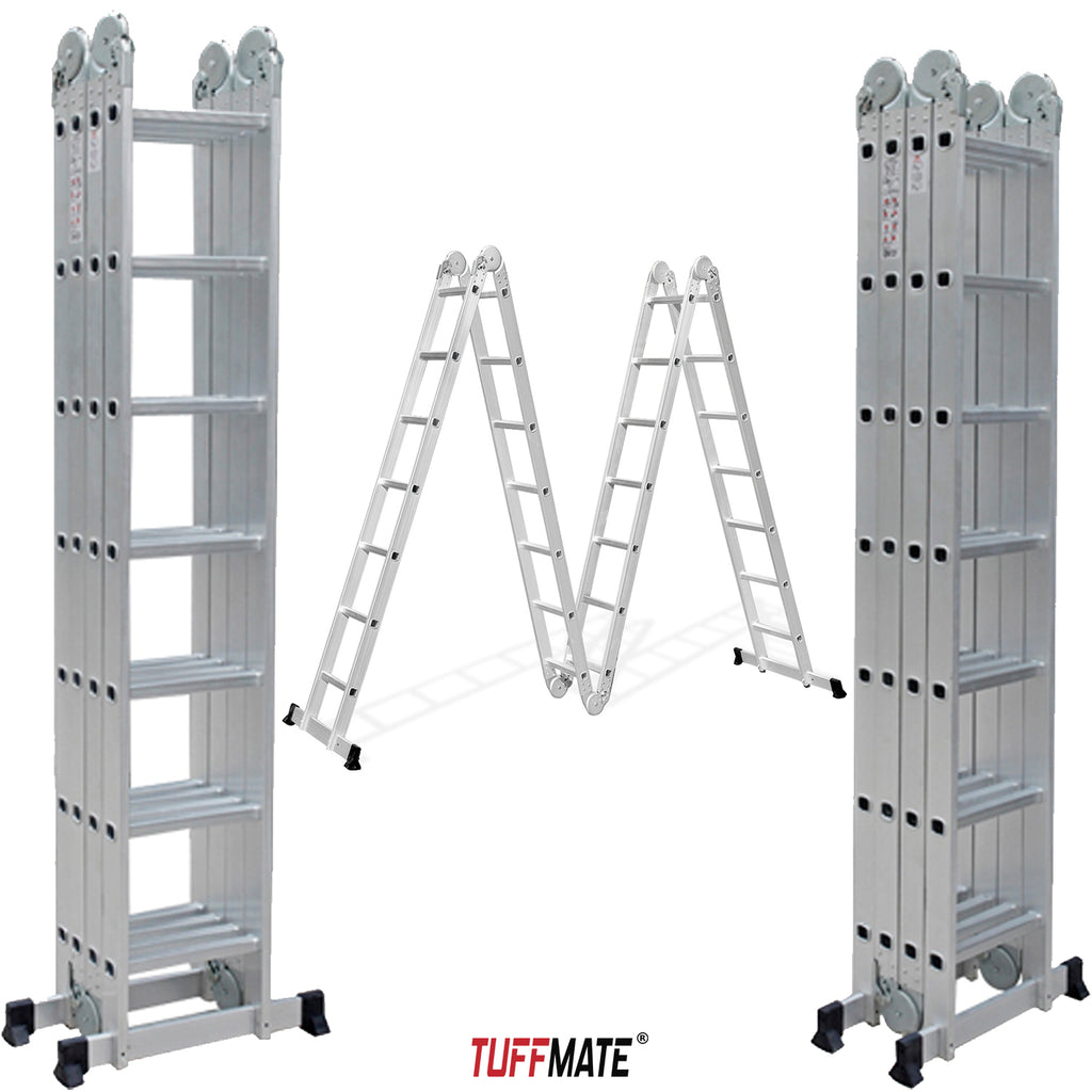 Multi Purpose Combination Ladder 4 x 2m - 8m Max Height 14-in-1 Multi Position Aluminium Folding Scaffold TUFFMATE