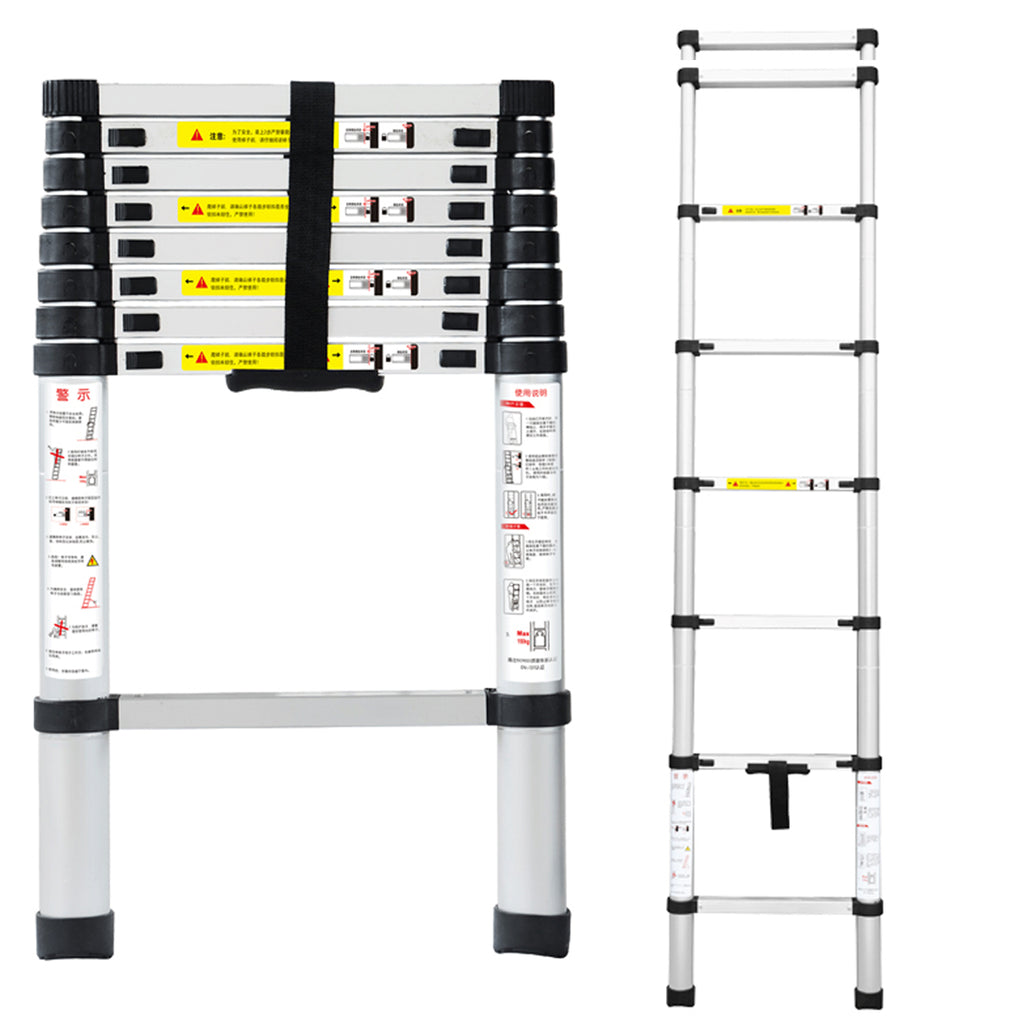 Aluminium Telescopic Ladder 2m Max Height 7 Treads Wide Base