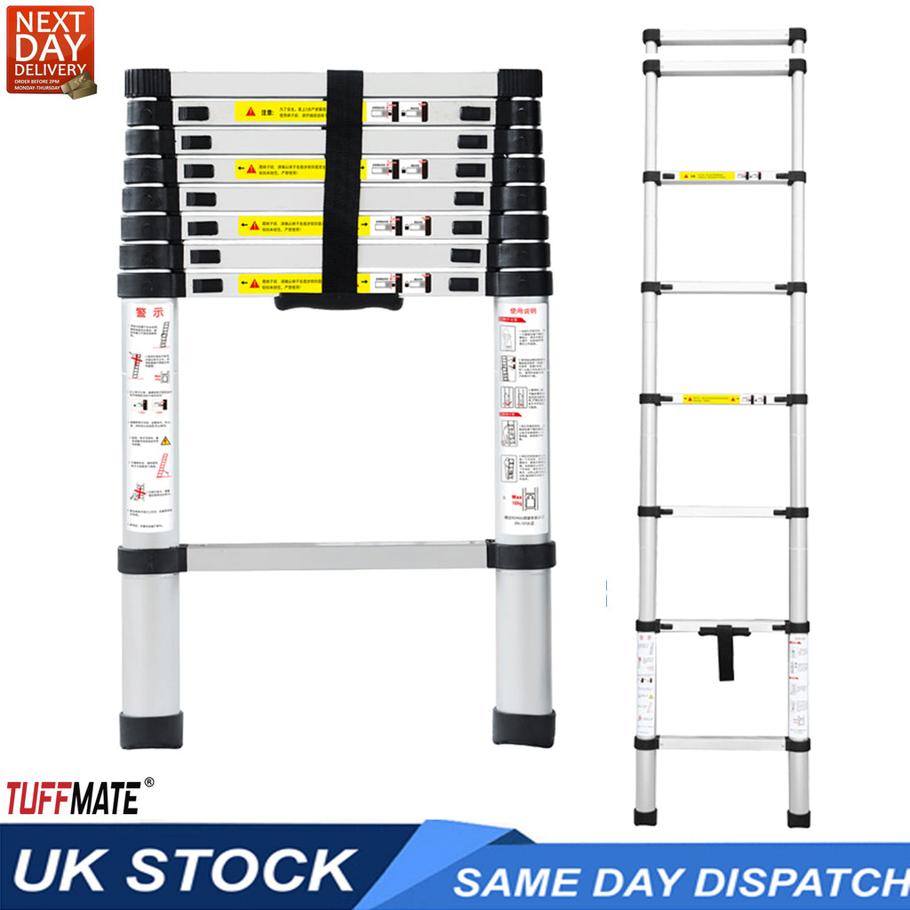 Aluminium Telescopic Ladder 2m Max Height 7 Treads Wide Base
