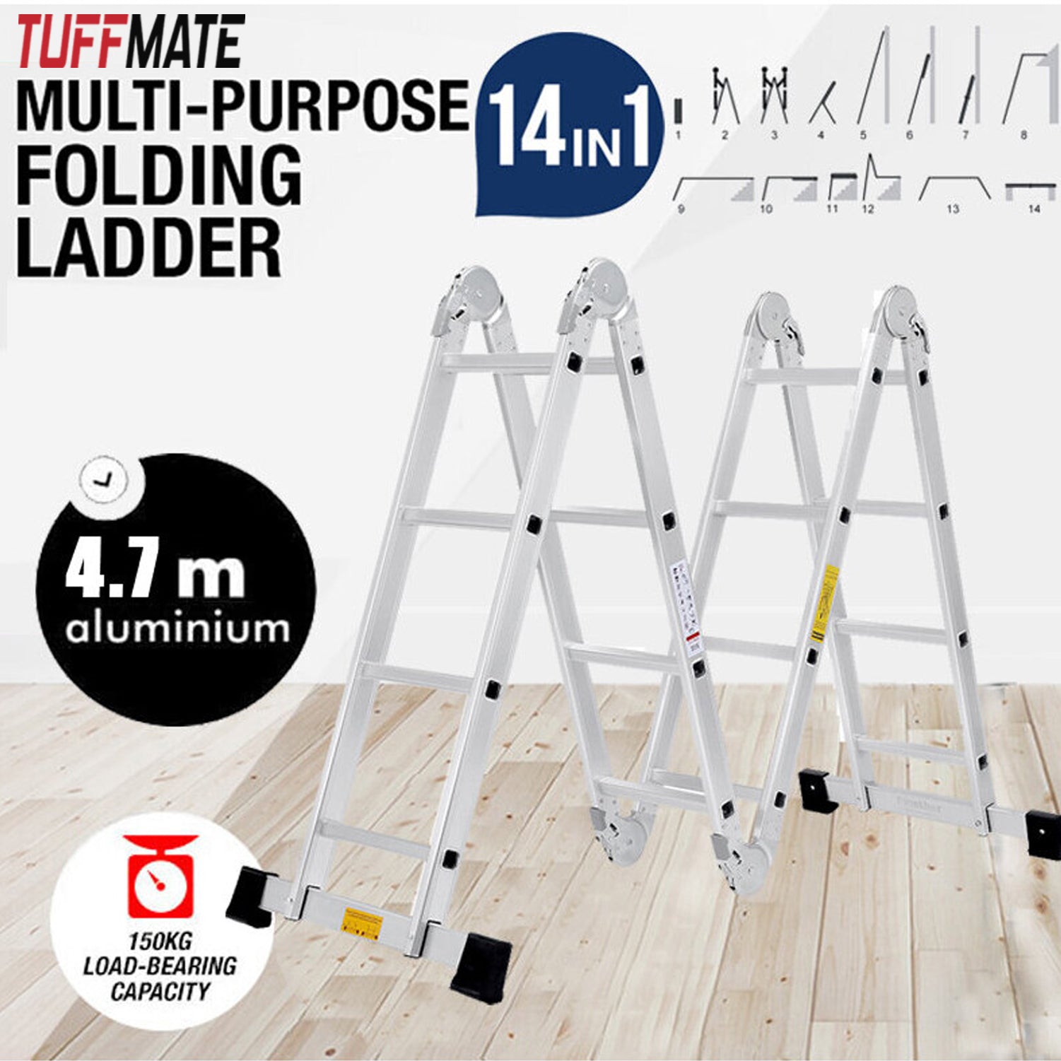 Combination Ladder 4.7m - 14 in 1 Multi Position Aluminium Folding Scaffold TUFFMATE