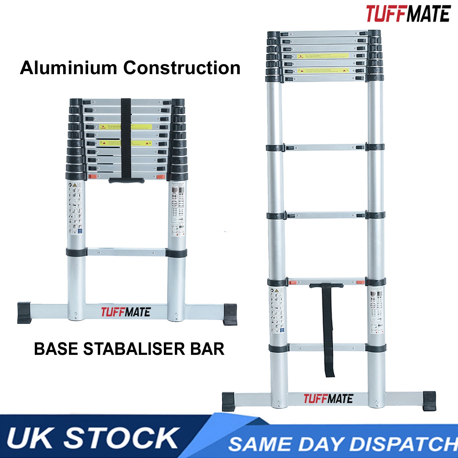 Telescopic Ladder 4.2m Max Height Aluminium 14 Tread Wide Base Stabaliser Bar