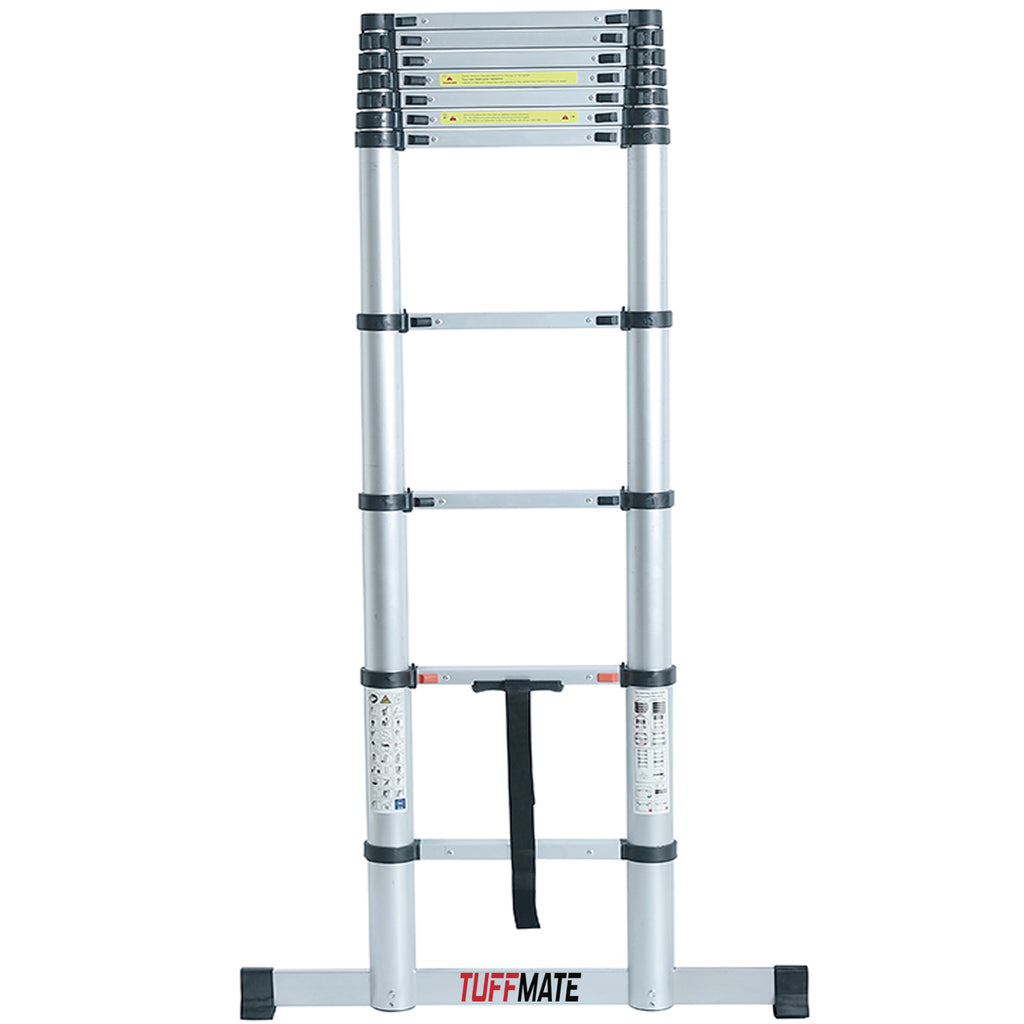 Telescopic Ladder Aluminium 2.6m Max Height 8 Treads Wide Base Stabaliser Bar