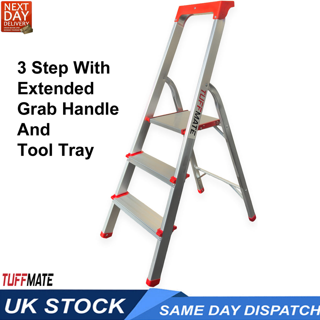 Step Ladder 3 Step Aluminum Folding High Grab Handle and Tool Tray TUFFMATE