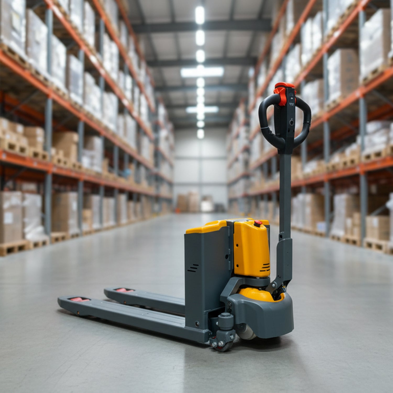 Pallet truck in a warehouse setting with shelves and boxes in the background