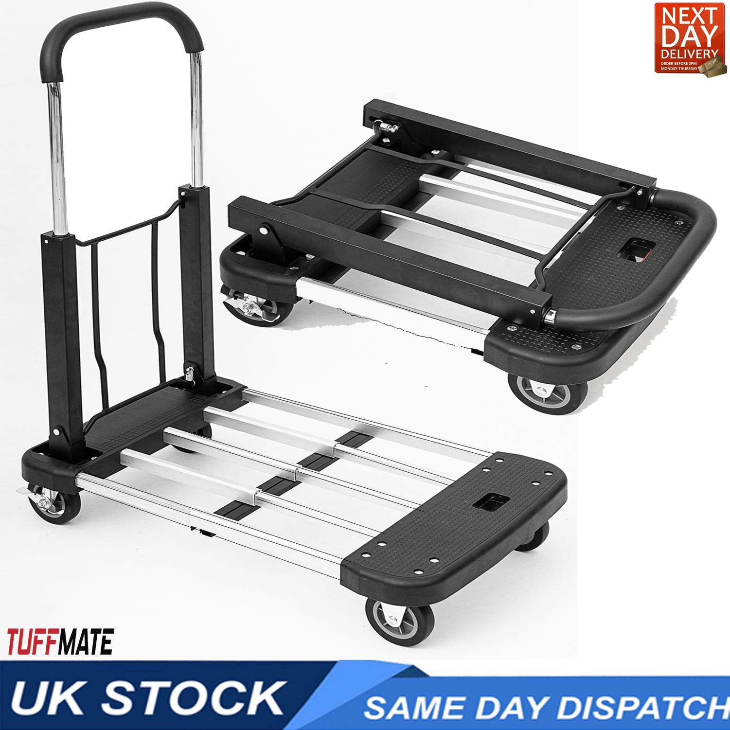 Folding Trolley Truck Aluminium Flat Bed 4 Wheels 150kg Max Load Compact and Portable