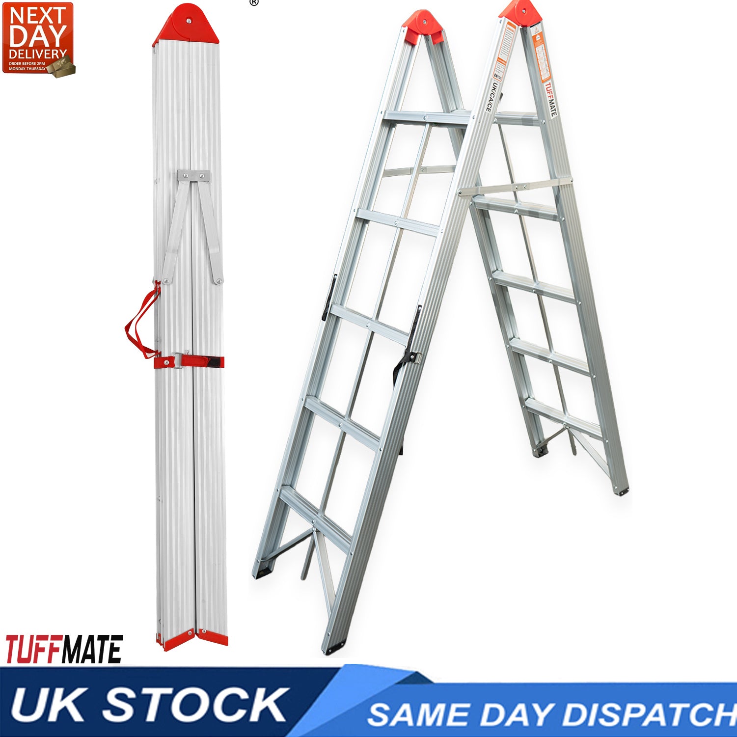 Folding Step Ladder Folds In Half 1.8m 5 Treads Aluminium TUFFMATE