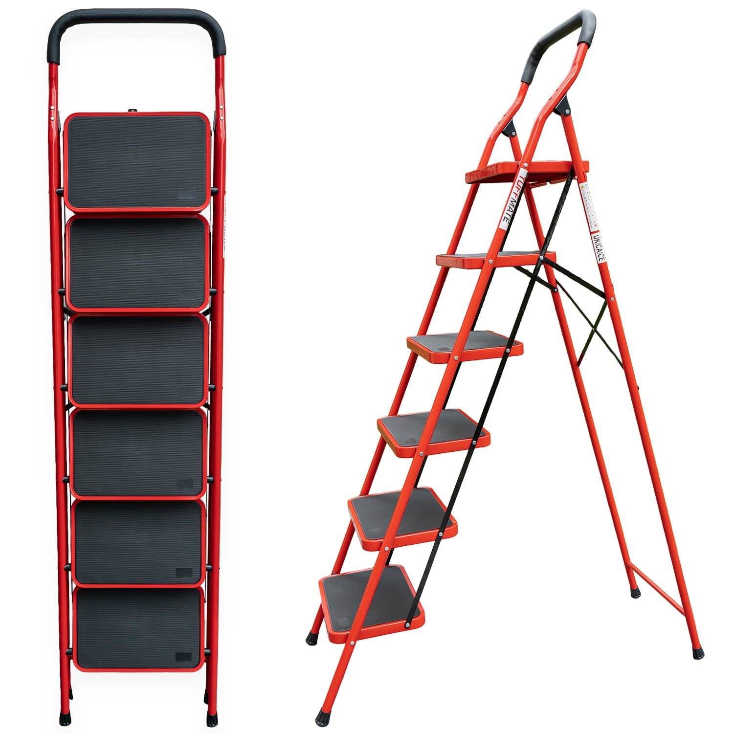 6 Step Folding Step Ladder with Handrail Steel Step Stool with Wide Non-Slip Treads