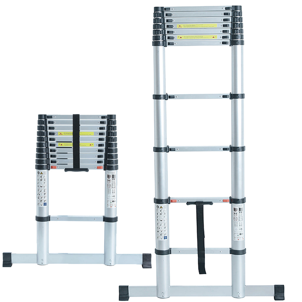 Telescopic Ladder Aluminium 2.6m Max Height 8 Treads Wide Base Stabaliser Bar