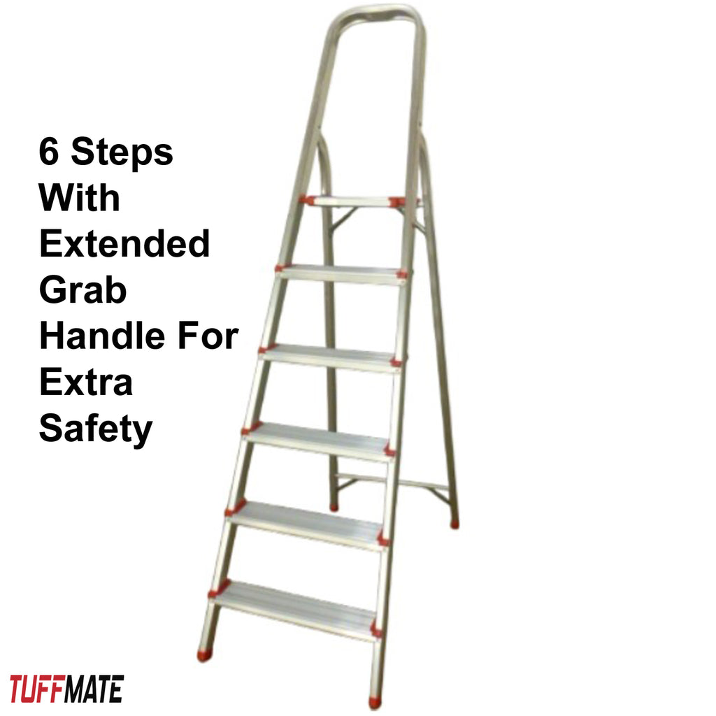 Step Ladder 6 Step Aluminium Folding Step Ladders Anti Slip Feet TUFFMATE