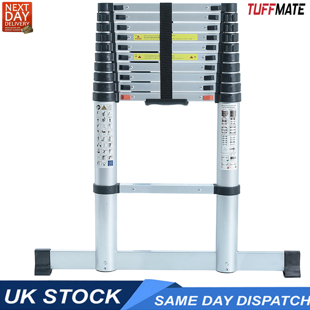 Telescopic Ladder 2.6m Max Height 8 Steps Soft Close Safety System and Stabiliser Bar