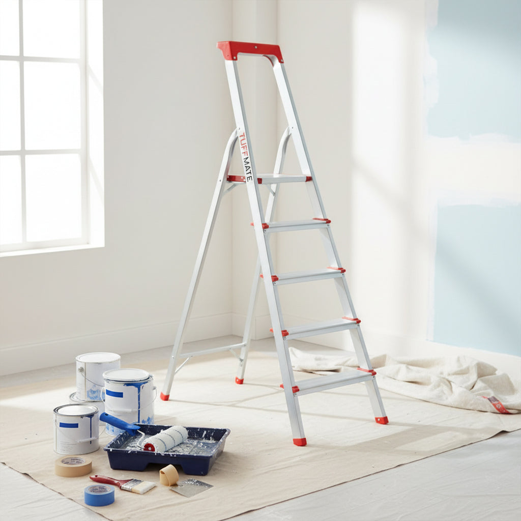 Step Ladder 5 Step Aluminum Folding High Grab Handle and Tool Tray TUFFMATE