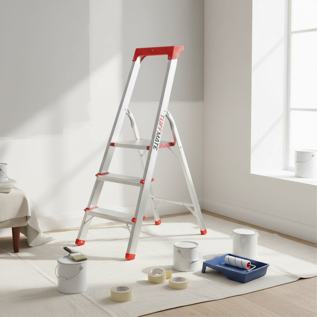 Step Ladder 3 Step Aluminum Folding High Grab Handle and Tool Tray TUFFMATE