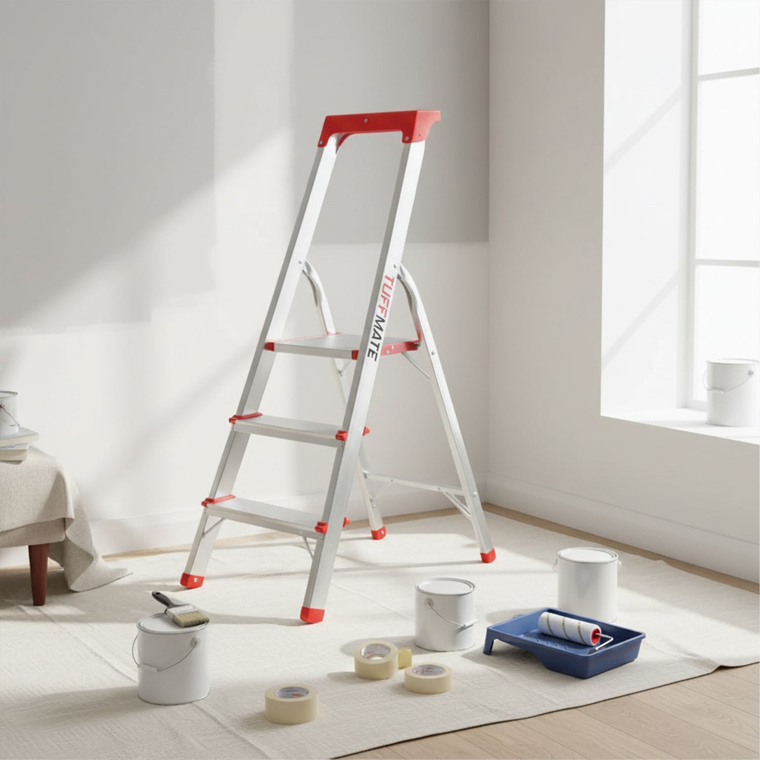 Step Ladder 3 Step Aluminum Folding High Grab Handle and Tool Tray TUFFMATE