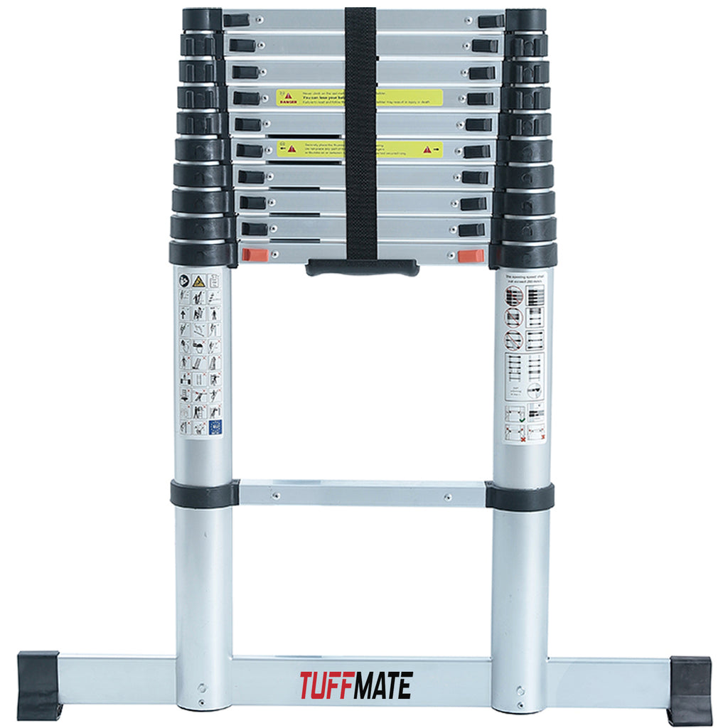 Telescopic Ladder 4m Max Height Aluminium 13 Tread Wide Base Stabaliser Bar
