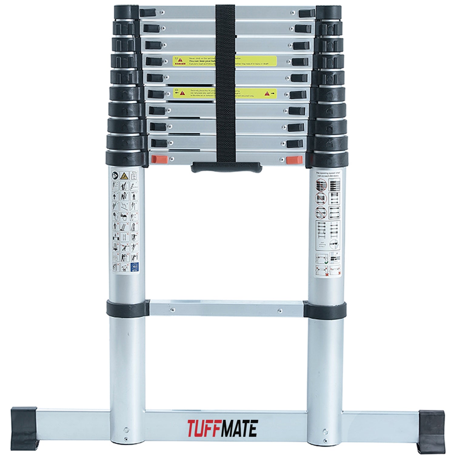 Telescopic Ladder 4m Max Height Aluminium 13 Tread Wide Base Stabaliser Bar