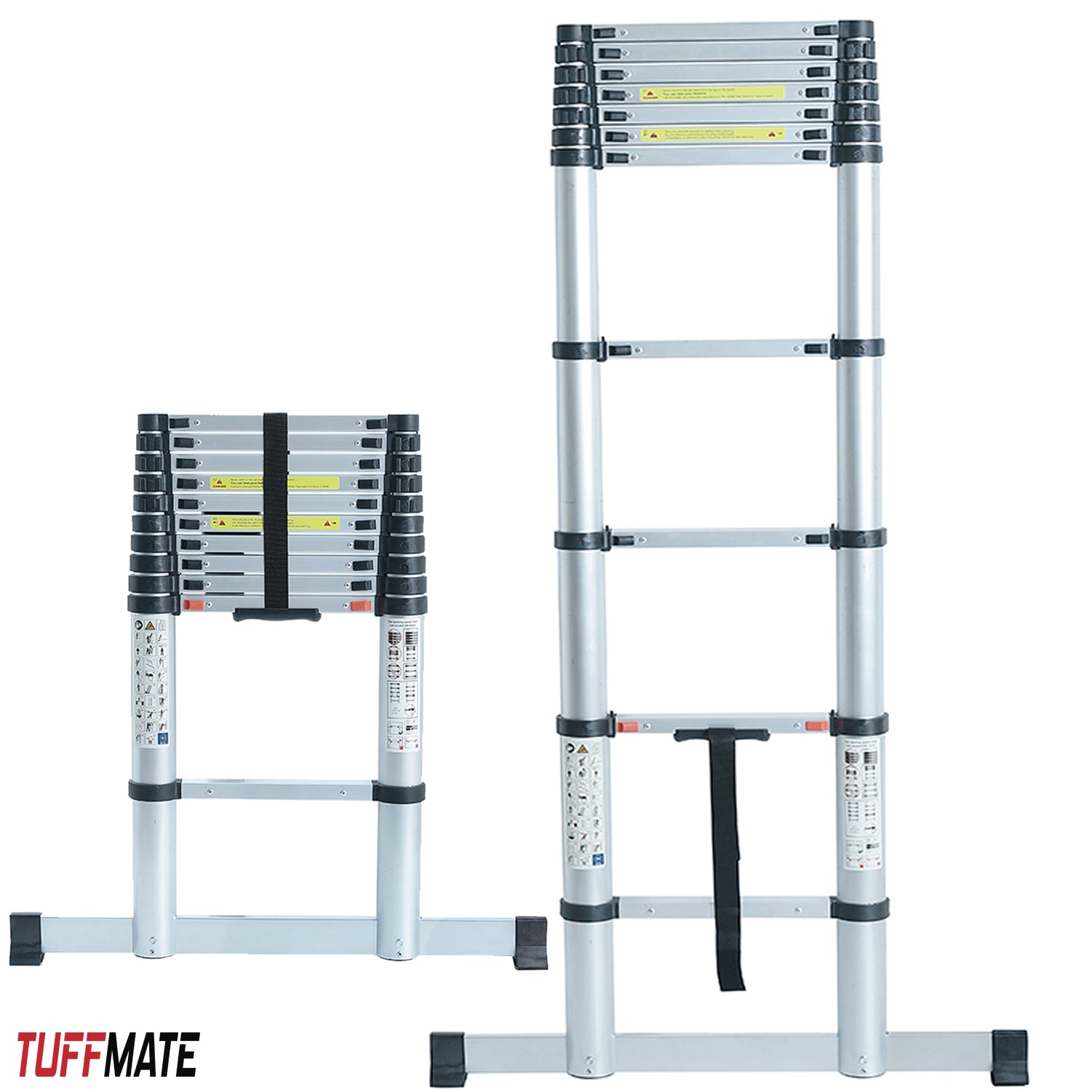 Telescopic Ladder 4m Max Height Aluminium 13 Tread Wide Base Stabaliser Bar