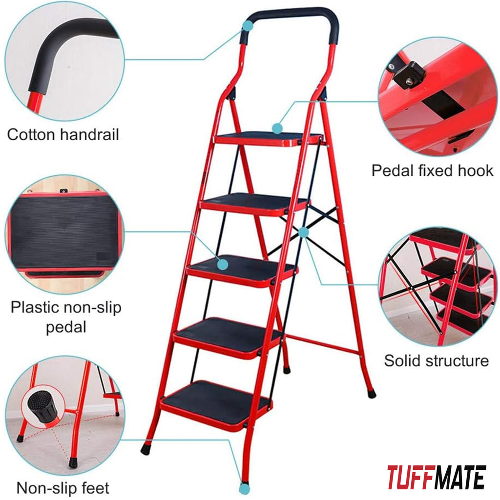 6 Step Folding Step Ladder with Handrail Steel Step Stool with Wide Non-Slip Treads