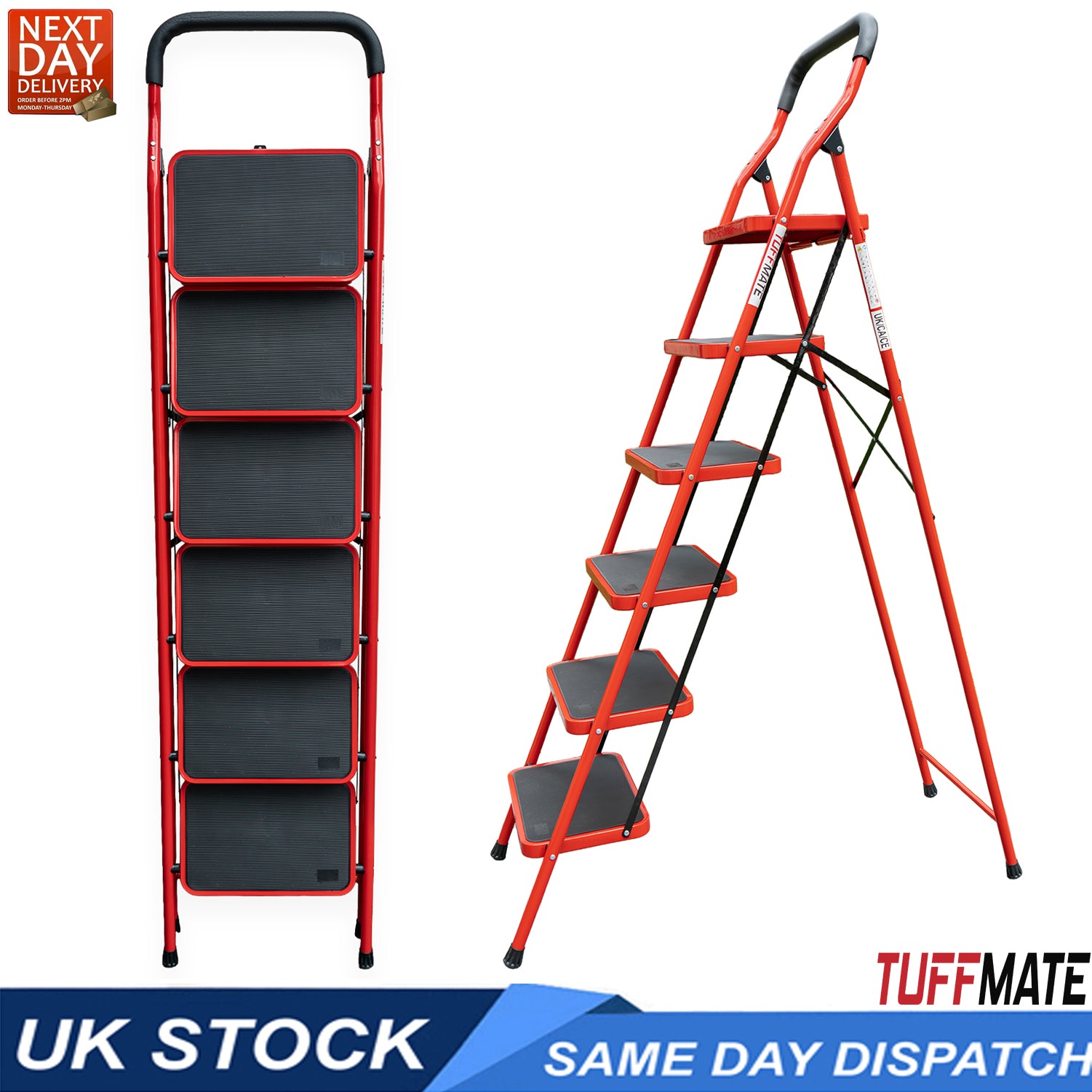 6 Step Folding Step Ladder with Handrail Steel Step Stool with Wide Non-Slip Treads