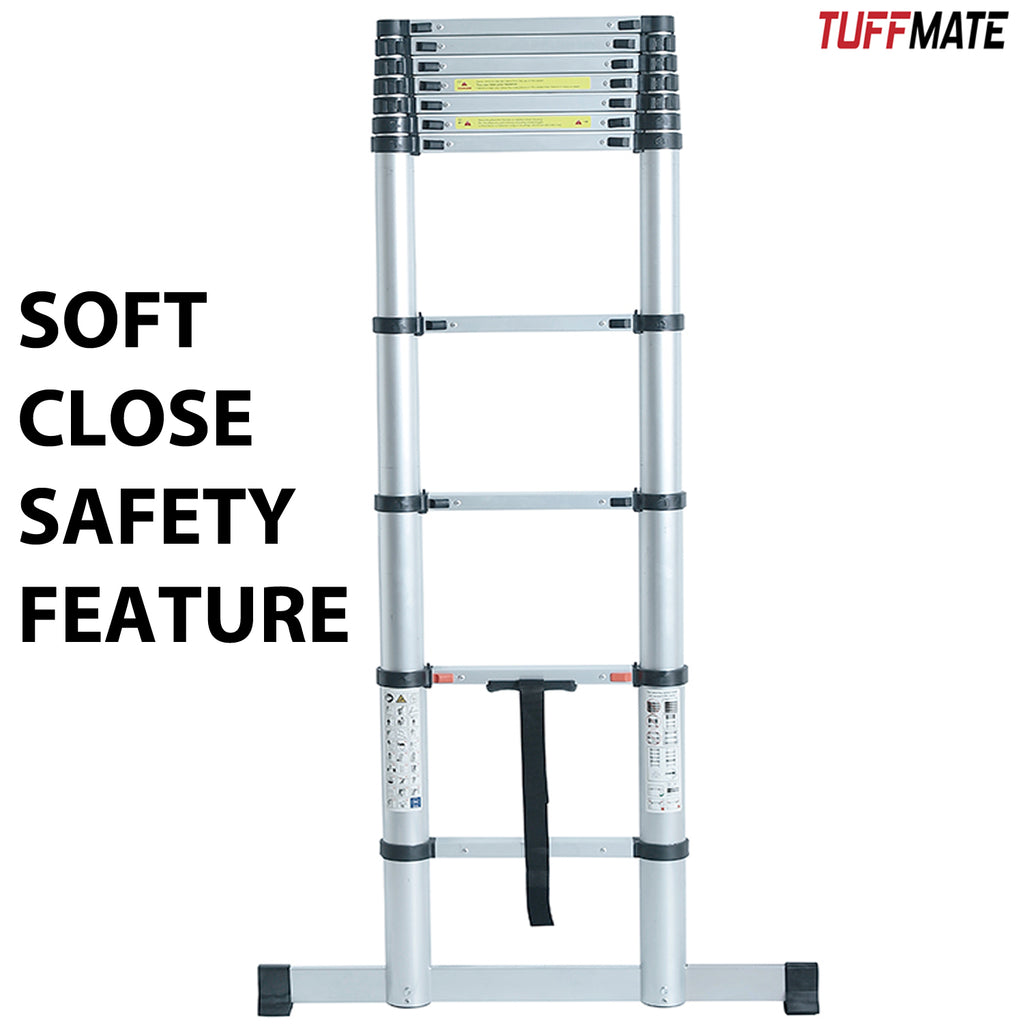 Telescopic Ladder 2.6m Max Height 8 Steps Soft Close Safety System and Stabiliser Bar