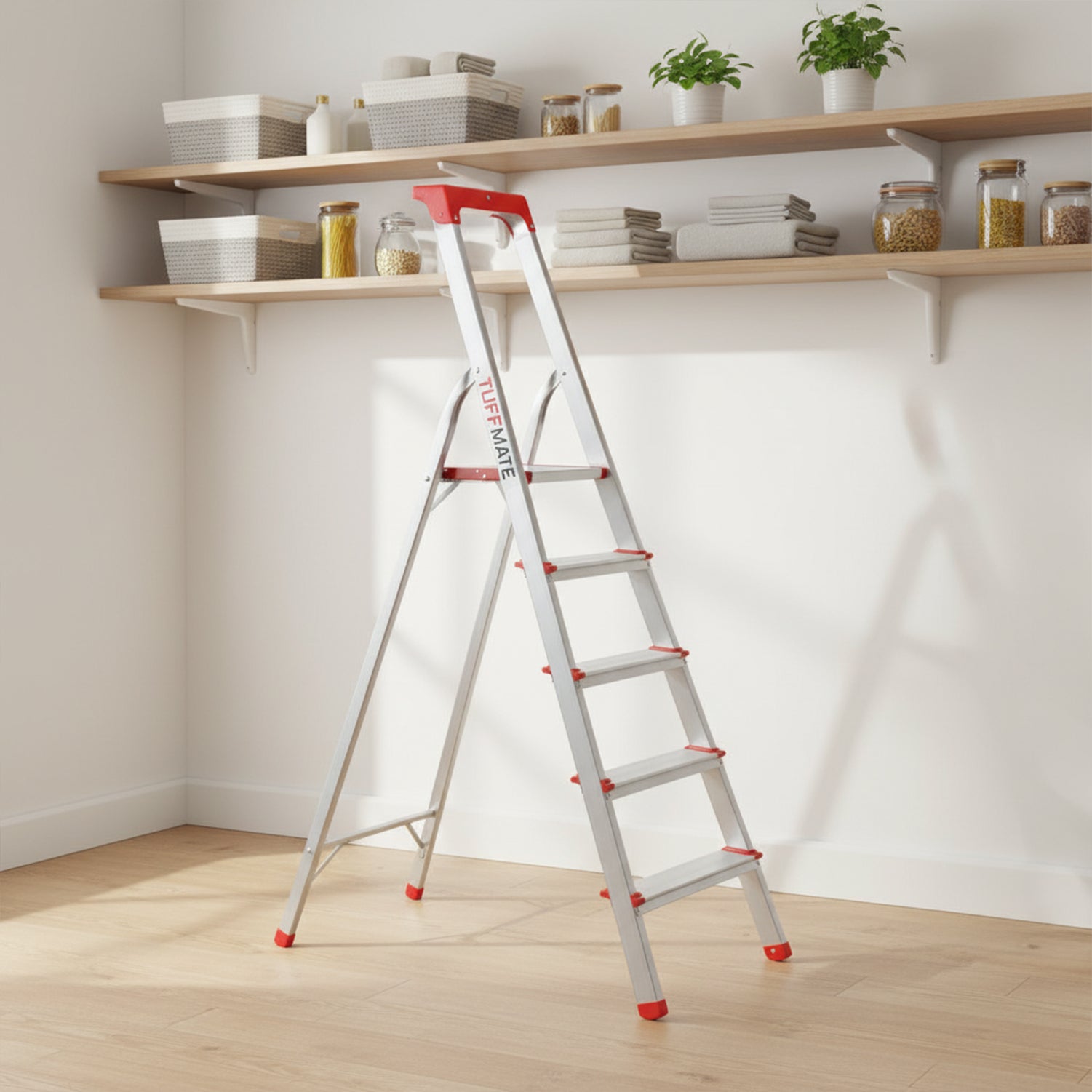 Step Ladder 5 Step Aluminum Folding High Grab Handle and Tool Tray TUFFMATE