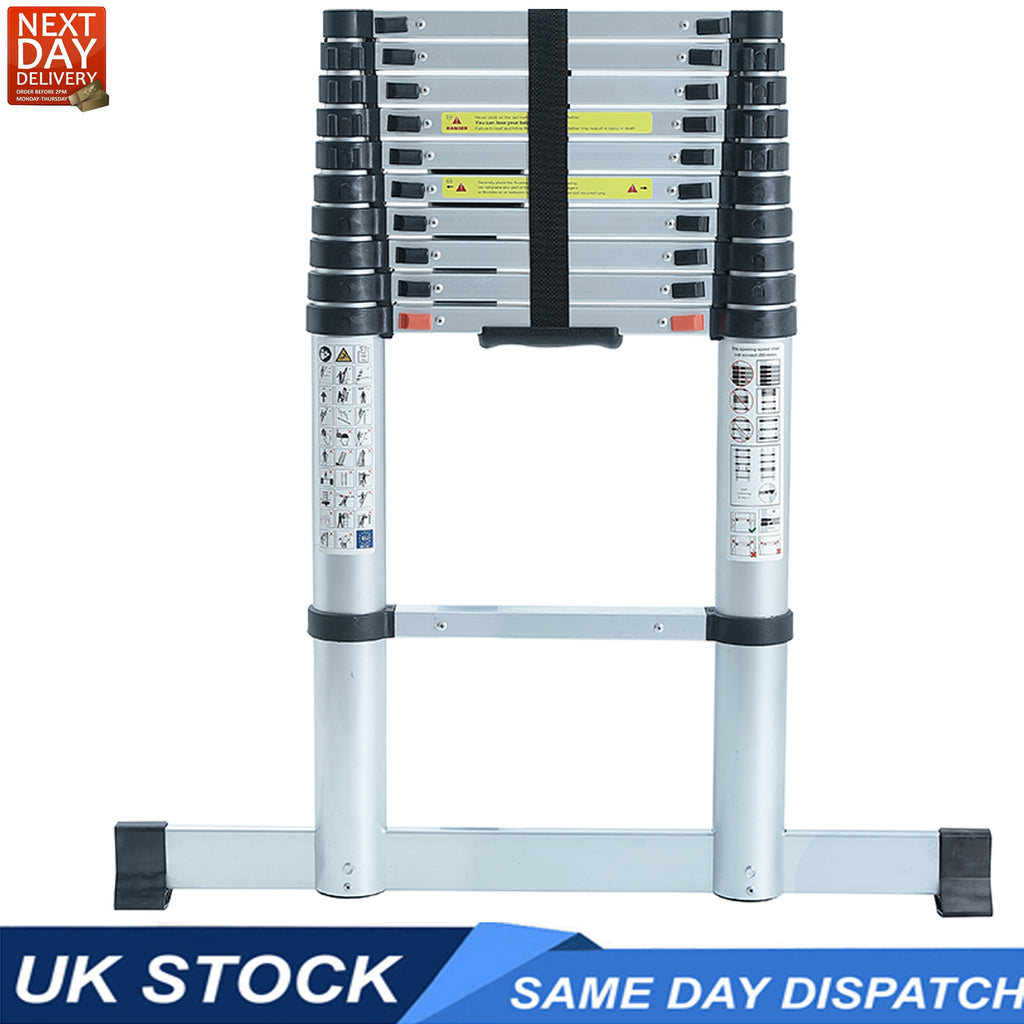 Telescopic Ladder 4.2m Max Height Aluminium 14 Tread Wide Base Stabaliser Bar
