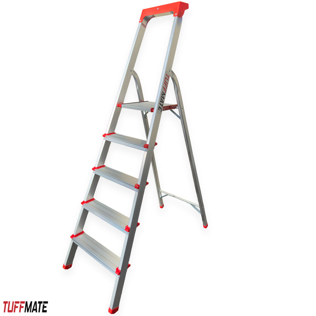 Step Ladder 5 Step Aluminum Folding High Grab Handle and Tool Tray TUFFMATE