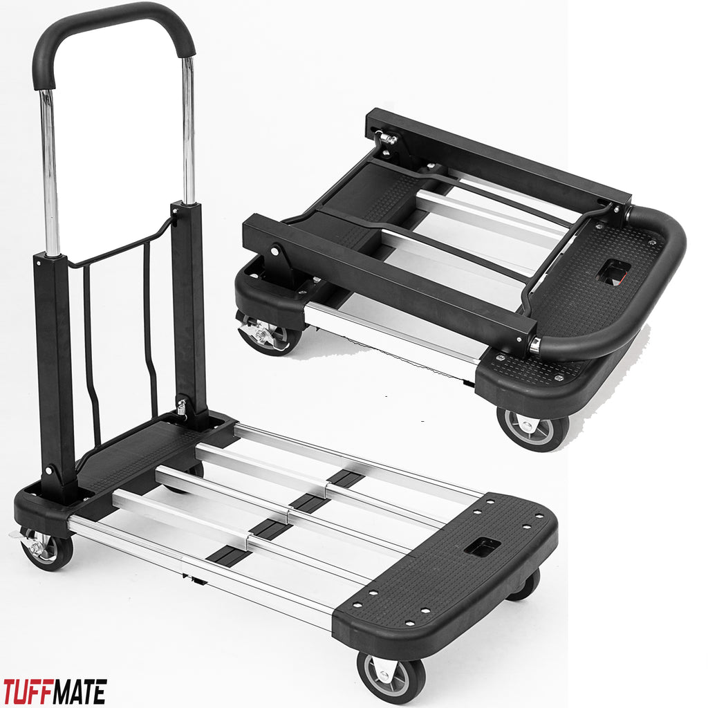 Folding Trolley Truck Aluminium Flat Bed 4 Wheels 150kg Max Load Compact and Portable