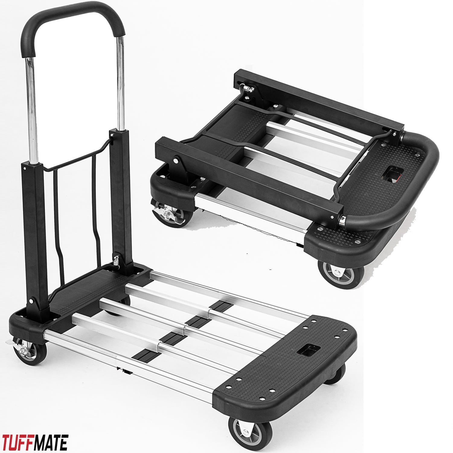 Folding Trolley Truck Aluminium Flat Bed 4 Wheels 150kg Max Load Compact and Portable