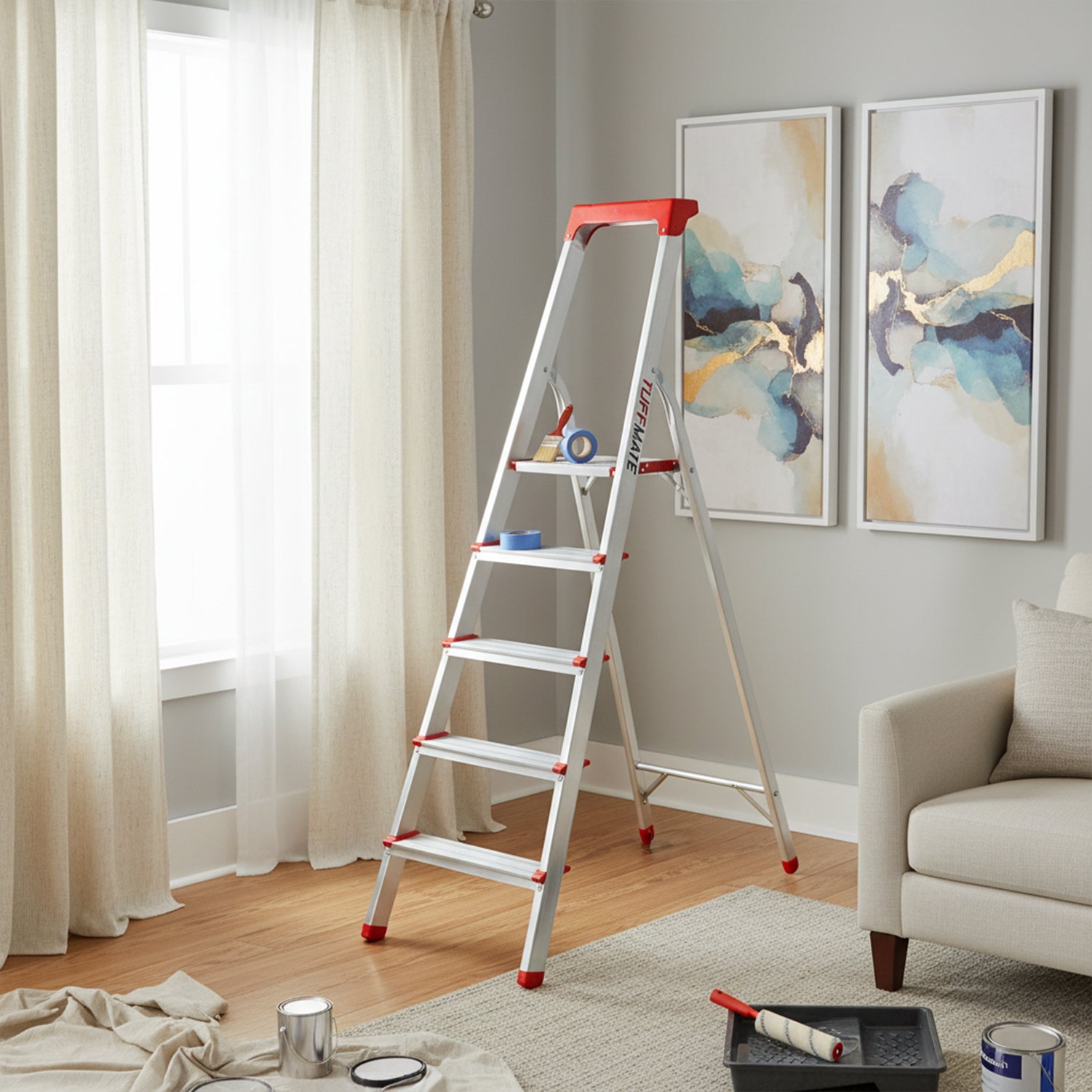 Step Ladder 5 Step Aluminum Folding High Grab Handle and Tool Tray TUFFMATE