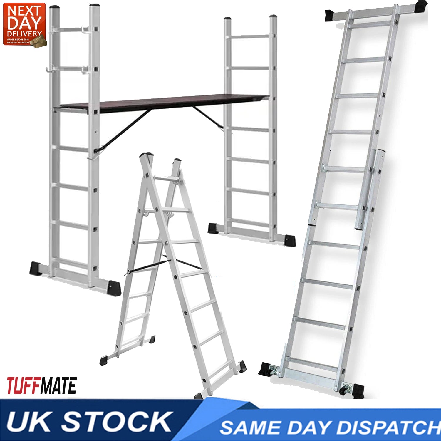 Scaffolding Platform Ladder 7 Tread 2m Multipurpose Aluminium Scaffold TUFFMATE
