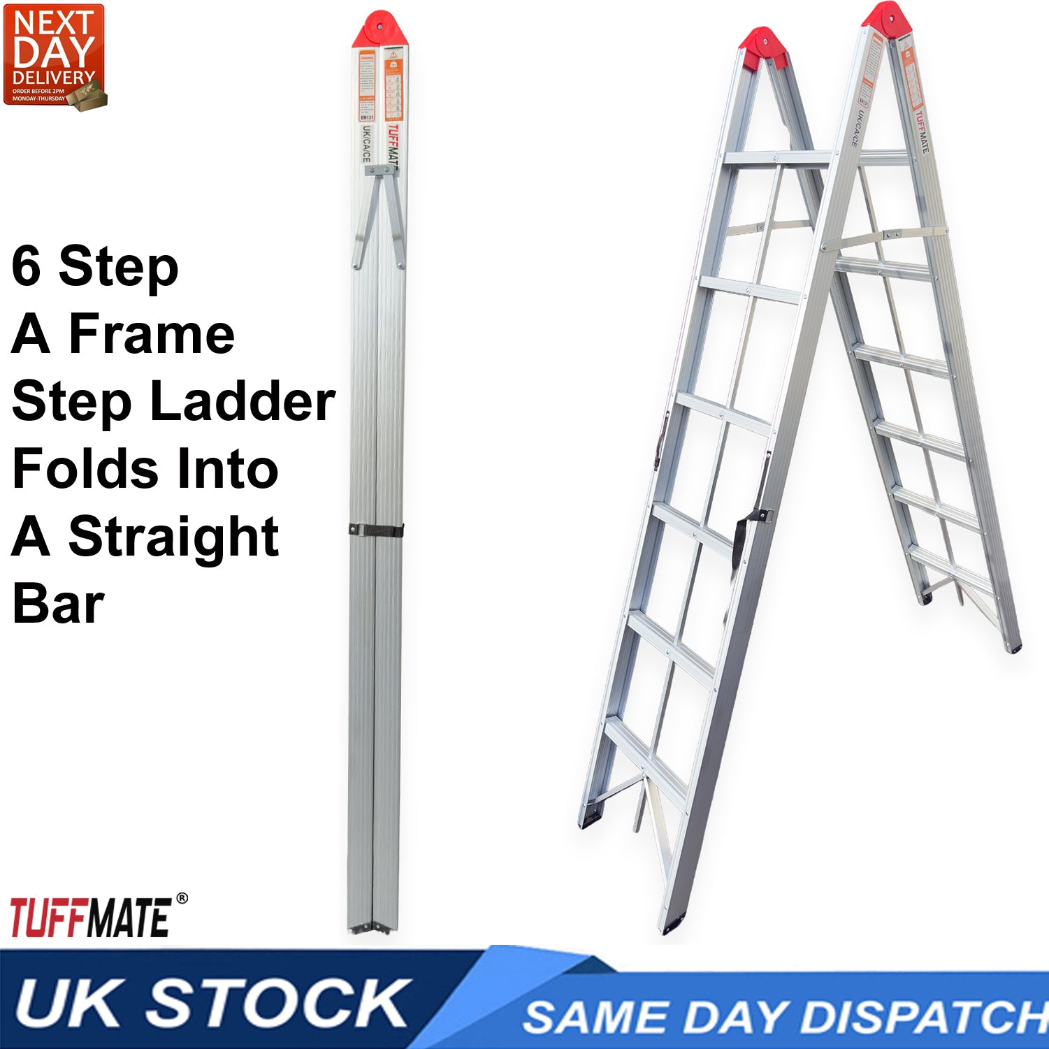 Folding Step Ladder Folds Away 2m 6 Treads Aluminium TUFFMATE