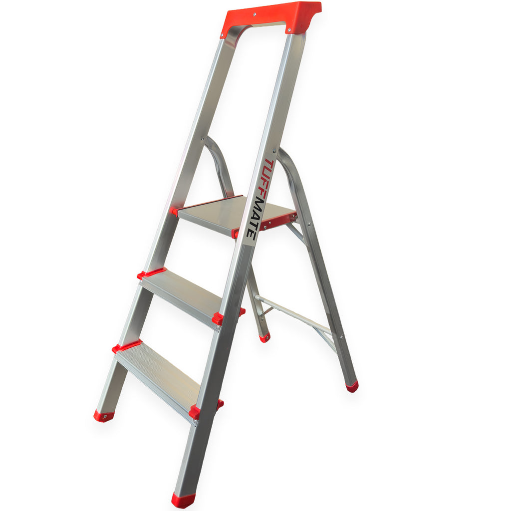 Step Ladder 3 Step Aluminum Folding High Grab Handle and Tool Tray TUFFMATE