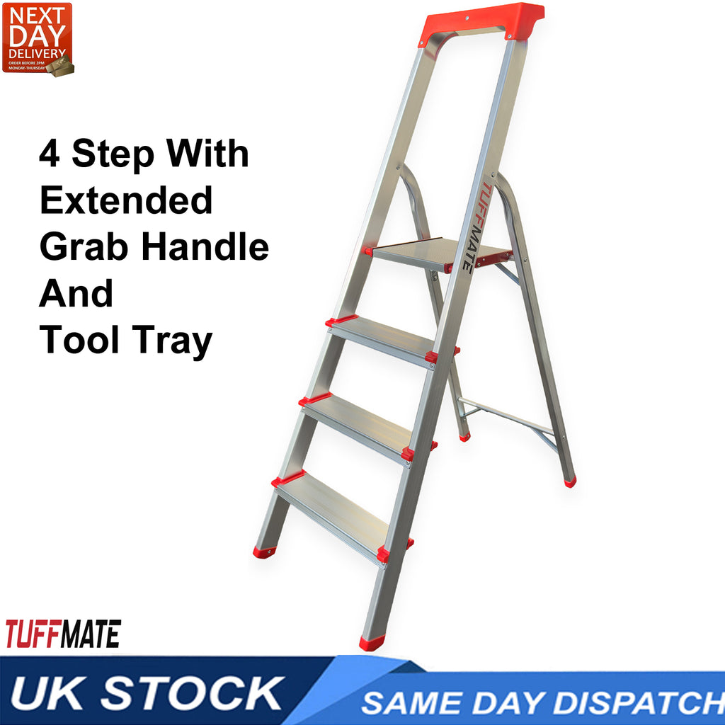 Step Ladder 4 Step Aluminum Folding High Grab Handle and Tool Tray TUFFMATE