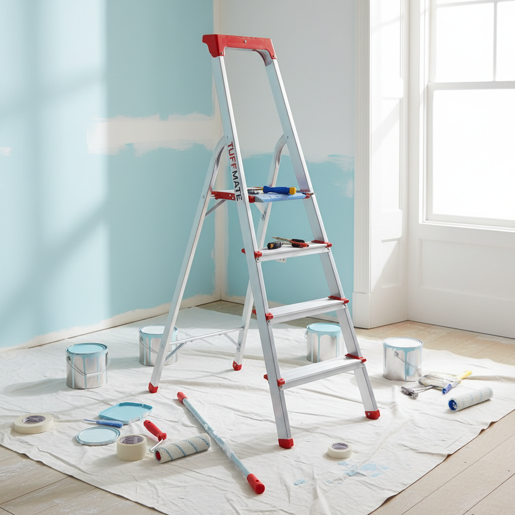 Step Ladder 4 Step Aluminum Folding High Grab Handle and Tool Tray TUFFMATE