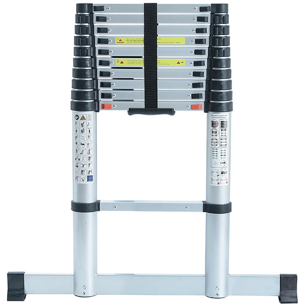 Telescopic Ladder Aluminium 2.6m Max Height 8 Treads Wide Base Stabaliser Bar