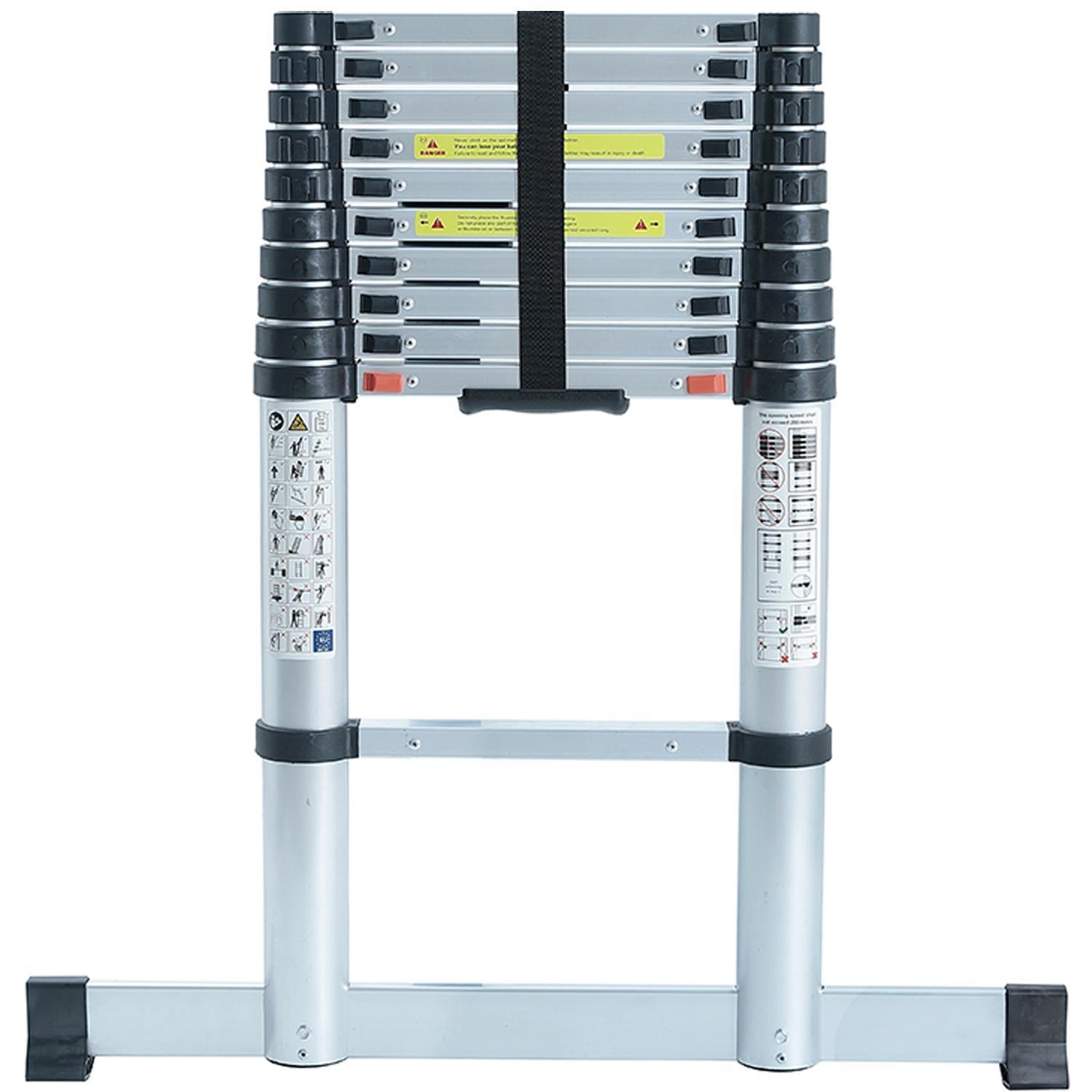 Telescopic Ladder Aluminium 2.6m Max Height 8 Treads Wide Base Stabaliser Bar