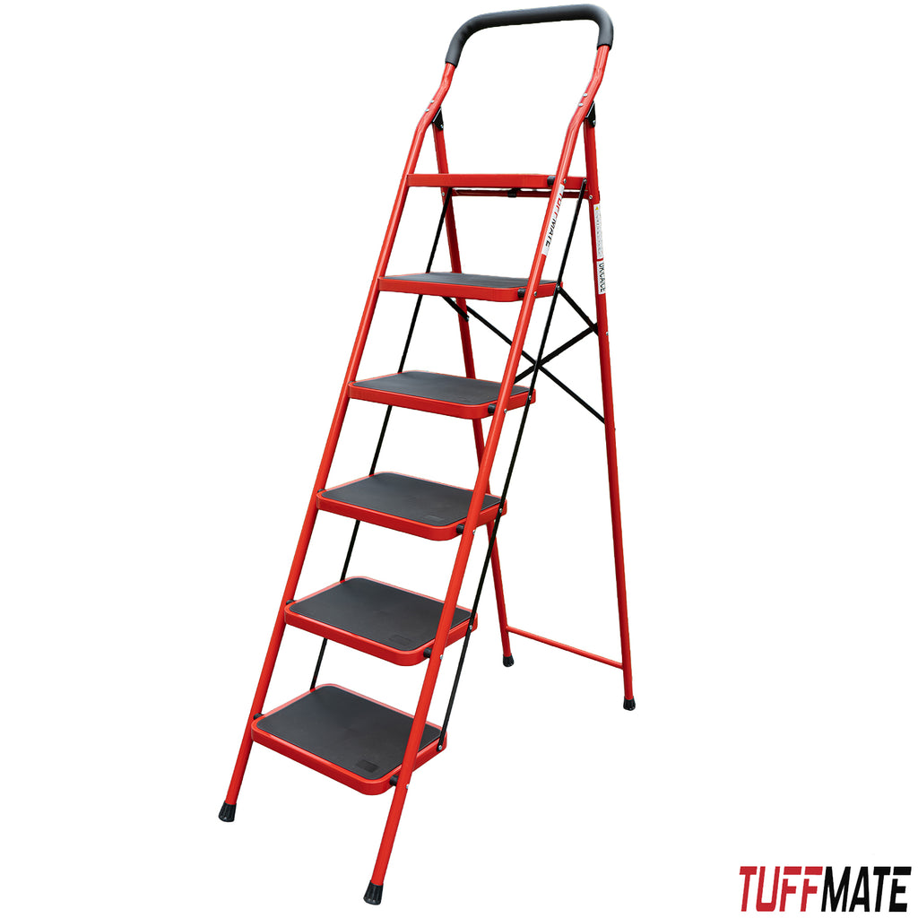 6 Step Folding Step Ladder with Handrail Steel Step Stool with Wide Non-Slip Treads