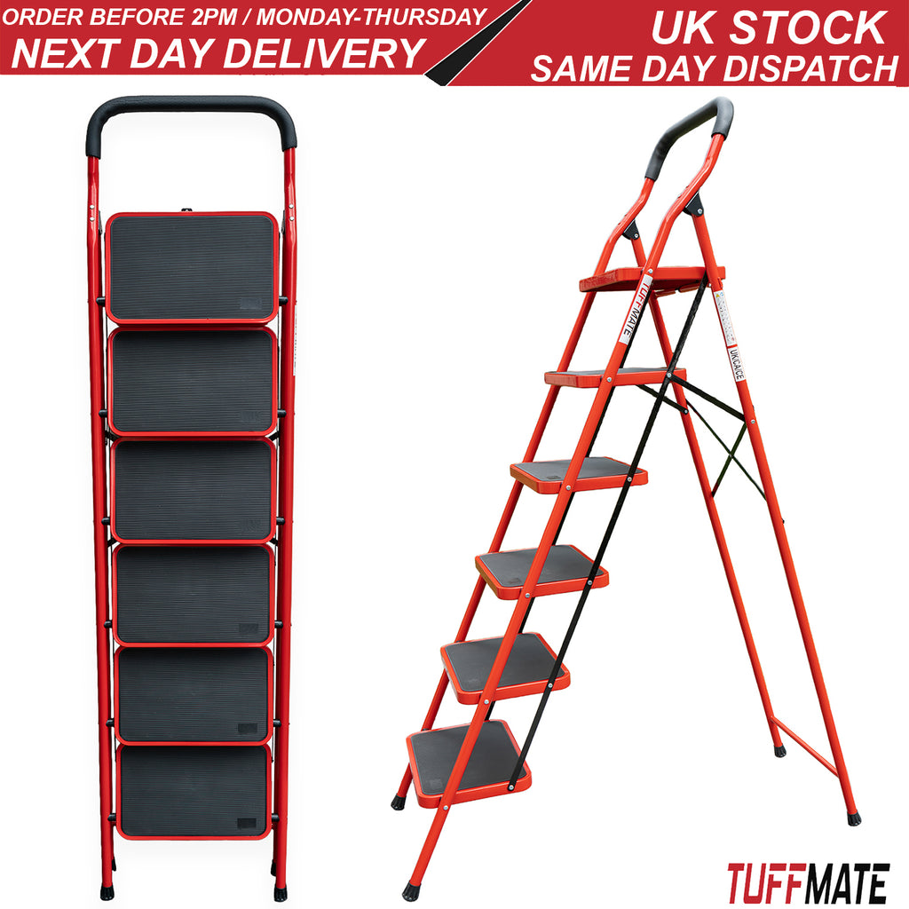 6 Step Folding Step Ladder with Handrail Steel Step Stool with Wide Non-Slip Treads