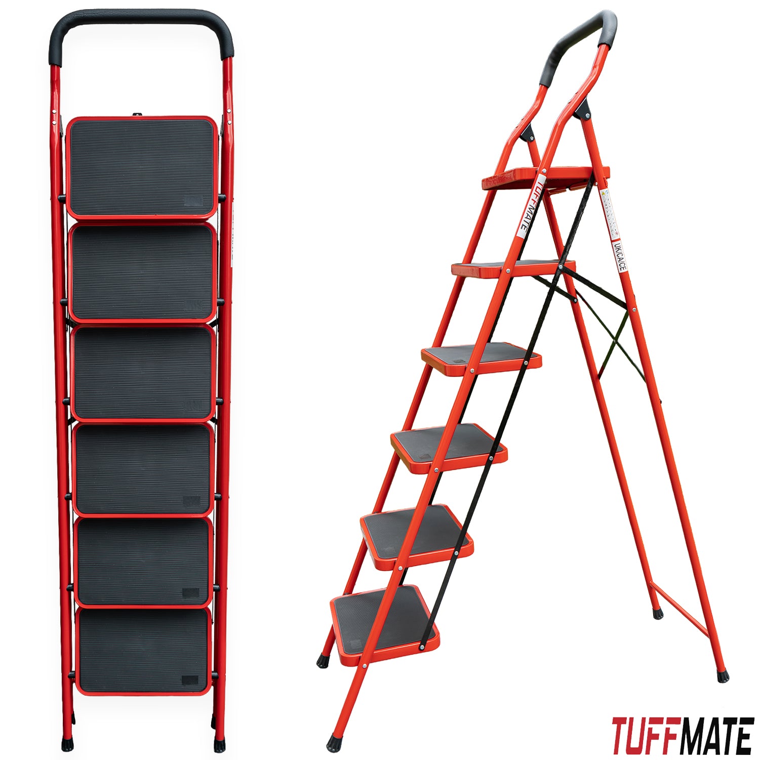 6 Step Folding Step Ladder with Handrail Steel Step Stool with Wide Non-Slip Treads