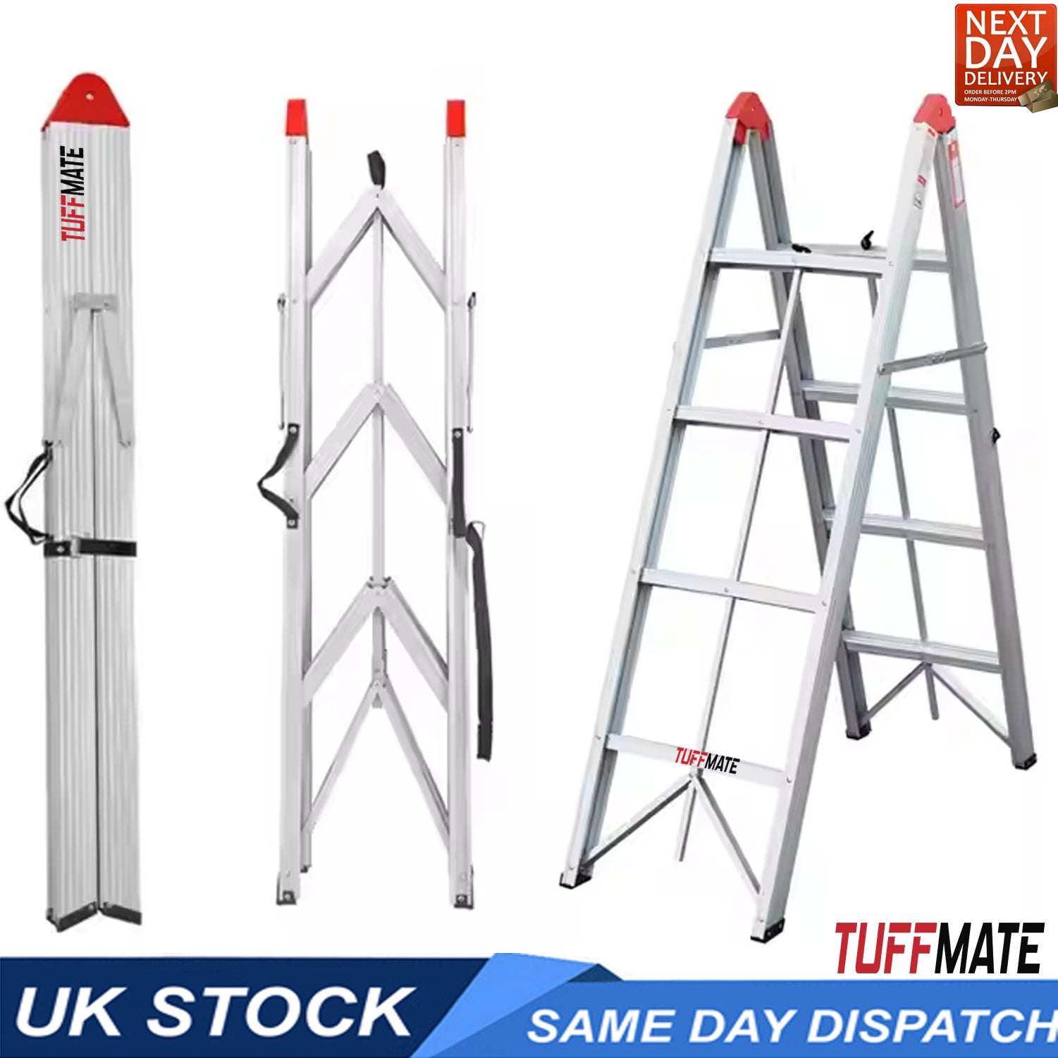 Folding Step Ladder Folds In Half 1.4m 4 Treads Aluminium TUFFMATE