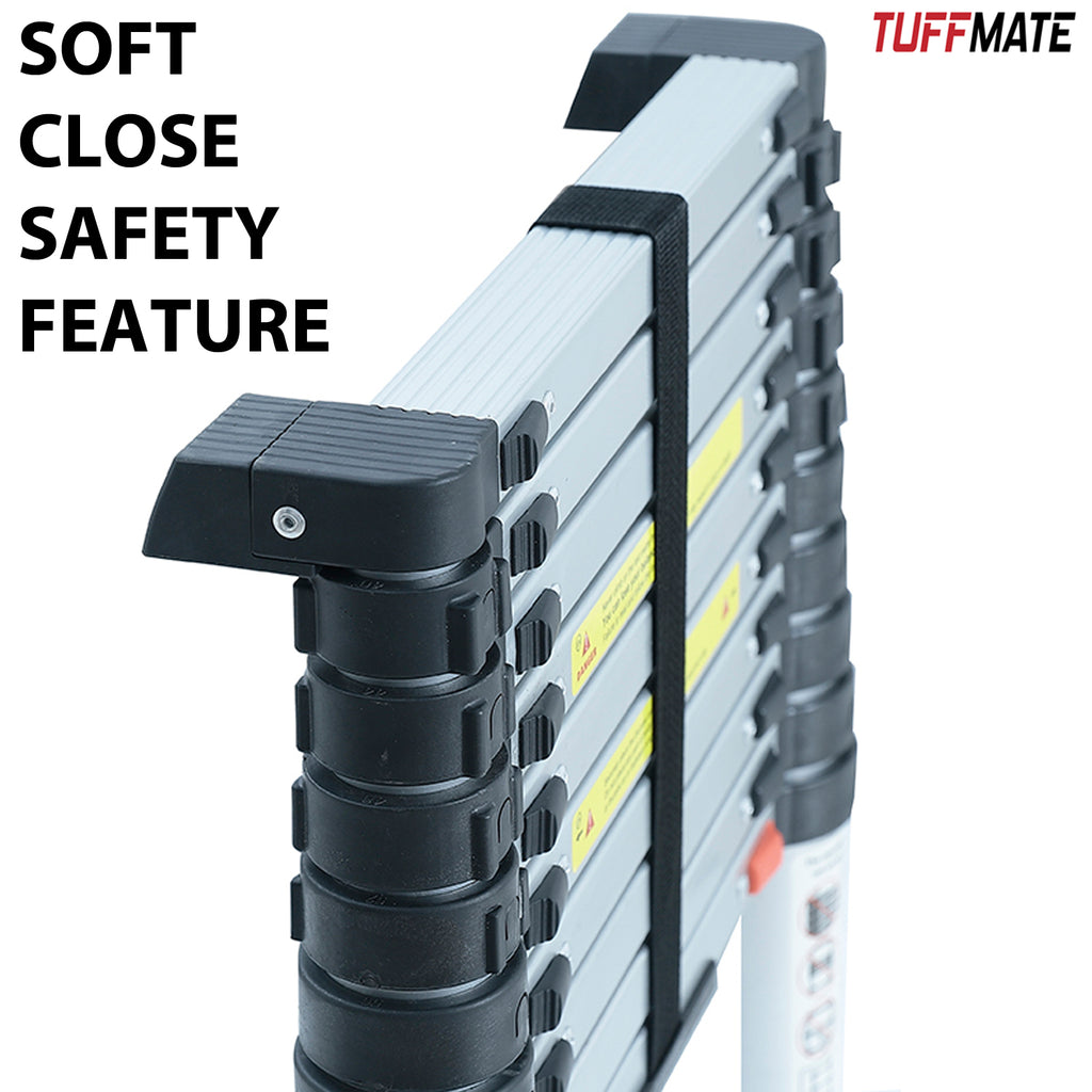 Telescopic Ladder 2.6m Max Height 8 Steps Soft Close Safety System and Stabiliser Bar