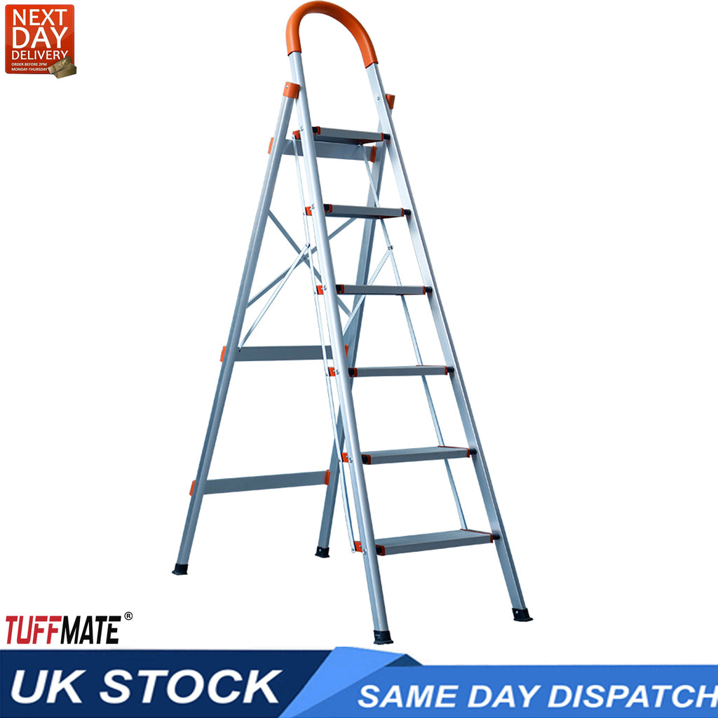Step Ladder 6 Steps - Folding Aluminium Soft Grip Handle, Max Weight 150kg