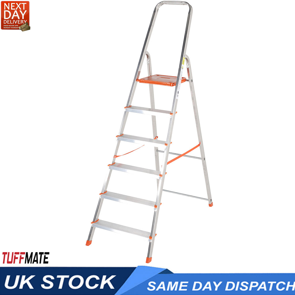 Step Ladder 6 Step Aluminium Folding Step Ladders Anti Slip Feet TUFFMATE