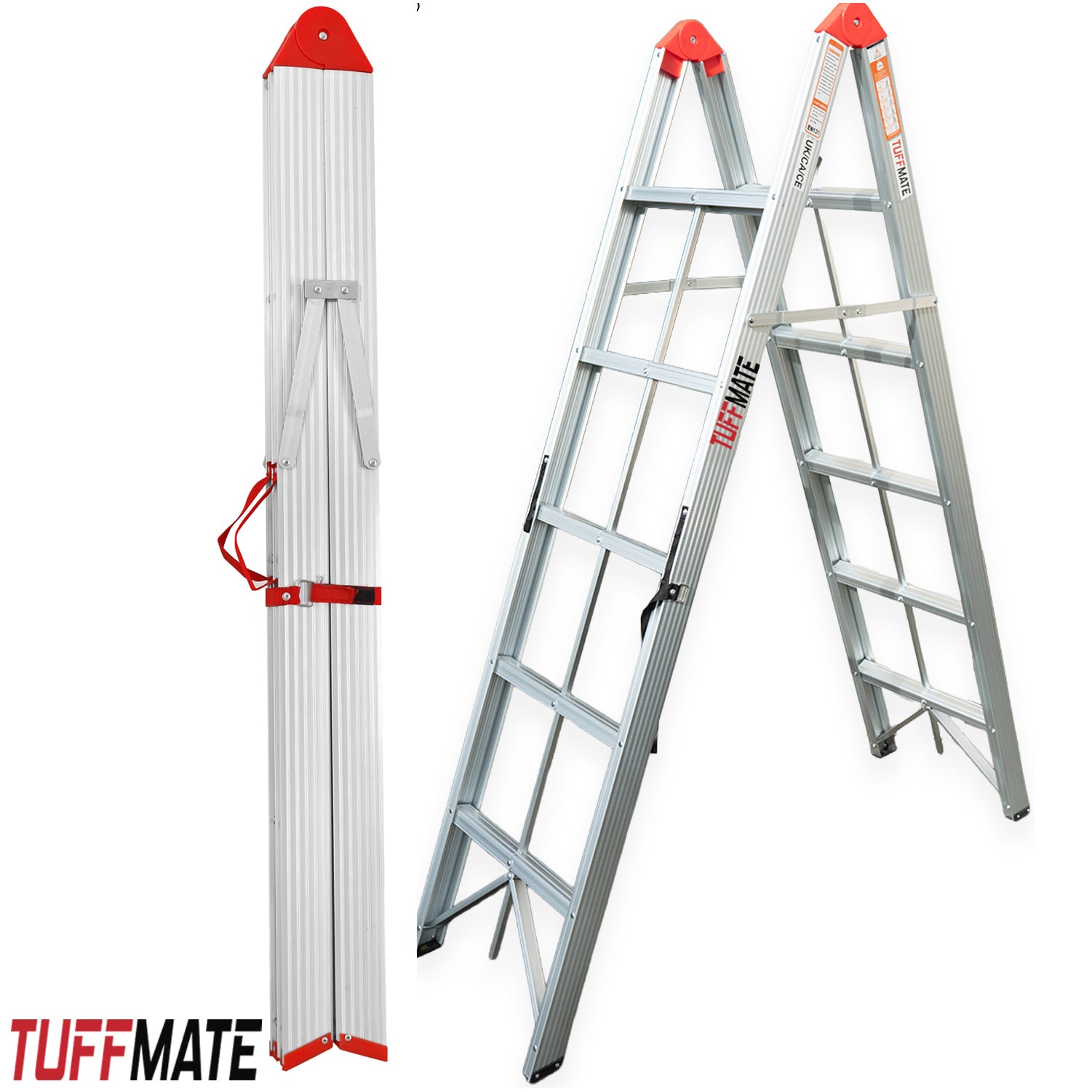Folding Step Ladder Folds In Half 1.8m 5 Treads Aluminium TUFFMATE