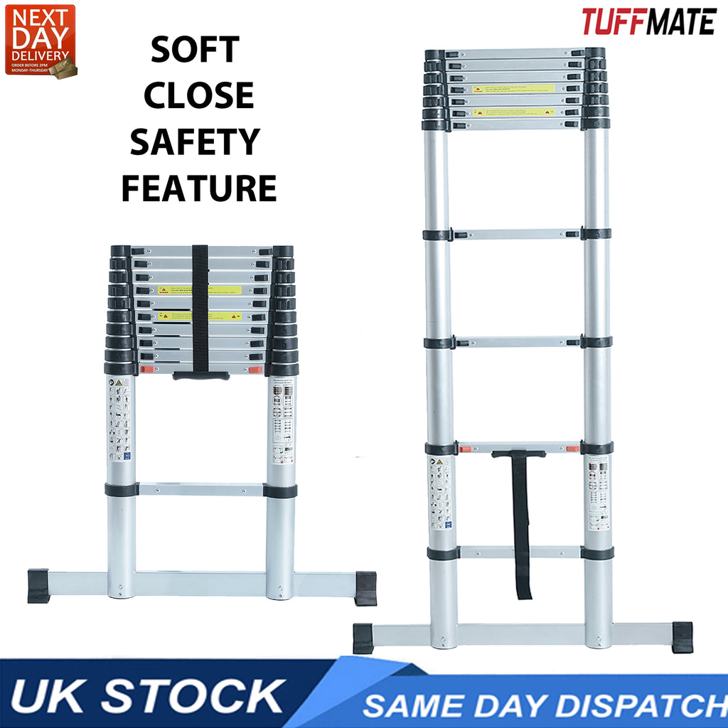 Telescopic Ladder 2.6m Max Height 8 Steps Soft Close Safety System and Stabiliser Bar